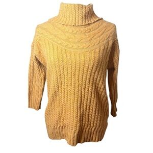 Elegant Mustard Cable Knit Turtleneck Sweater with 3/4 Sleeves | Sz S